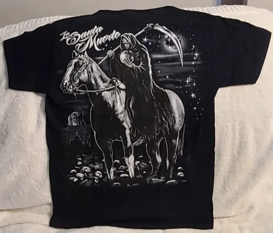 Discover GRIM REAPER HORSE SCYTHE GRAVEYARD SKULLS MOON LA SANTA MUERTE T-SHIRT SHIRT