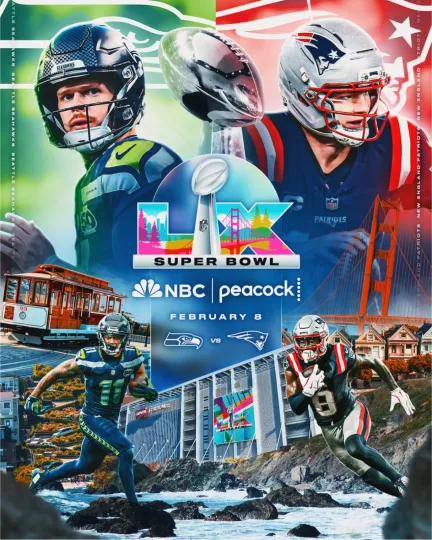 Super Bowl LX Seattle Seahawks vs New England Patriots Vertical Poster