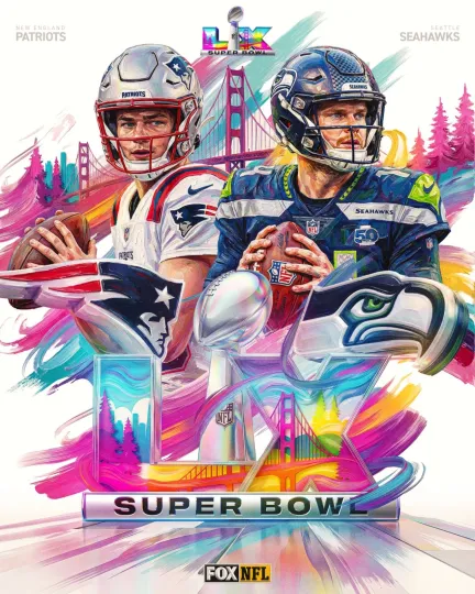 Discover Super Bowl LX Seattle Seahawks vs New England Patriots Premium Matte Vertical Poster