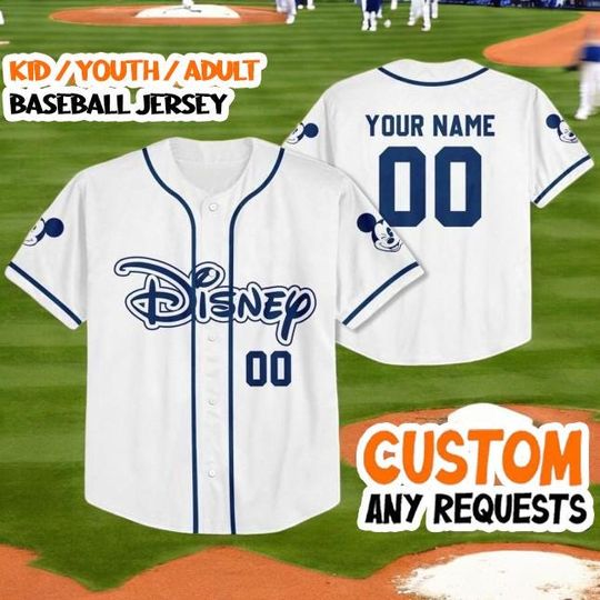 Discover Custom Disney Baseball Jersey, White Mickey Mouse Button Down Shirt, Personalized Kids & Adult Sports Team Uniform, Custom Name Number