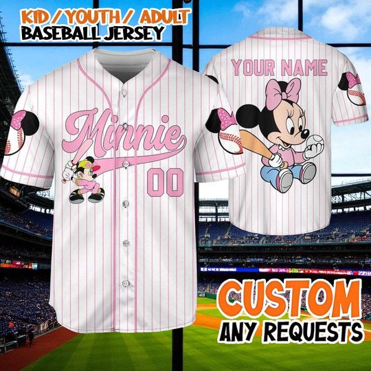Discover Custom Minnie Baseball Jersey, Personalized Name Number Jersey, Pink Character Baseball Shirt, Family Matching Outfit, Kids Youth Adult