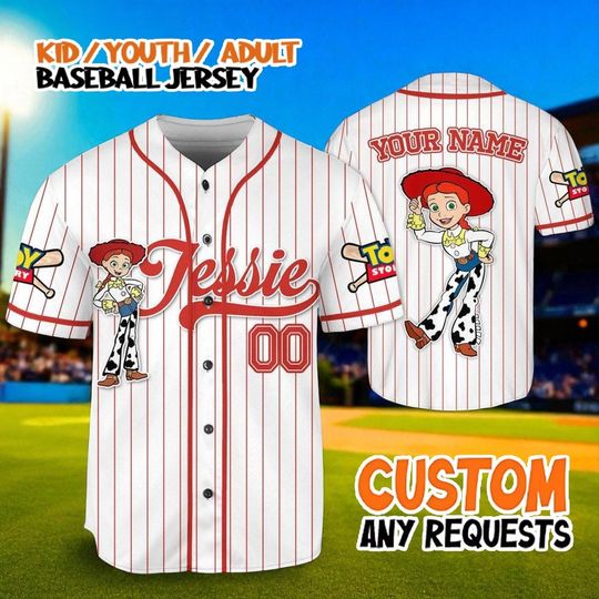 Discover Custom Toy Story Jessie Baseball Jersey, Personalized Name Number Shirt, Kid Youth Adult Cowgirl Costume, Red Striped Disney Cosplay Gift