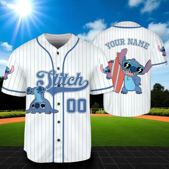Discover Custom Stitch Baseball Jersey for Adults  Personalized Disney Shirt with Name, Funny Blue Alien Jersey, Disney Matching Vacation Outfit
