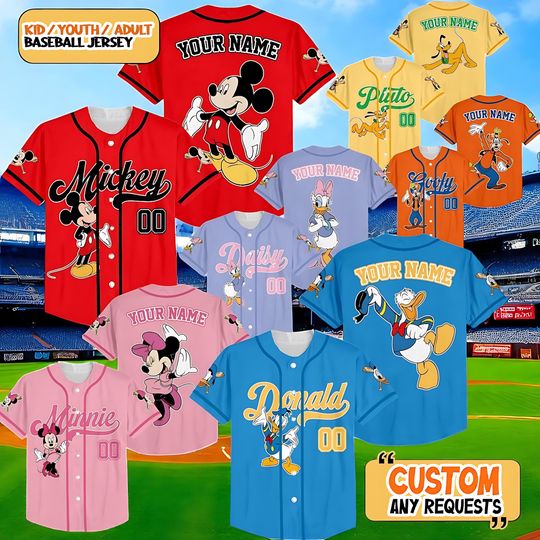 Discover Custom Mickey & Friends Baseball Jersey, Personalized Name Number Shirt, Cartoon Character Team Jersey, Kids Youth Adult Outfit