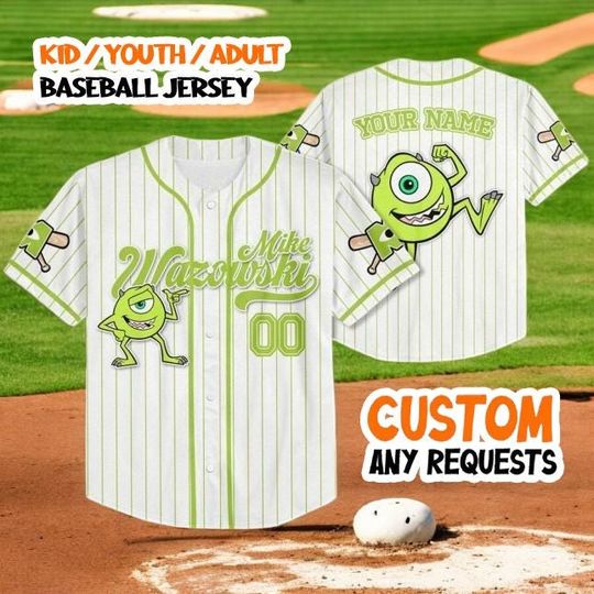 Discover Custom Mike Wazowski Monsters Inc Baseball Jersey, White Pinstripe Button Shirt, Kids & Adults Personalized Disney Team Uniform