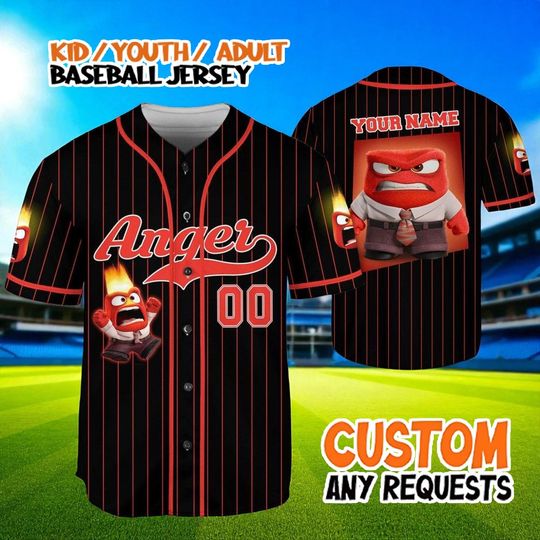 Discover Custom Anger Baseball Jersey, Personalized Name Number Shirt, Kid Youth Adult Inside Out Costume, Sports Fan Gift