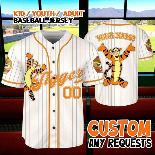 Discover Custom Tigger Baseball Jersey, Personalized Name Number Jersey, Orange Cartoon Shirt, Matching Family Outfit, Kids Youth Adult Shirt