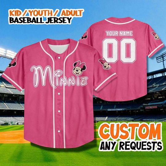 Discover Custom Minnie Baseball Jersey, Pink Disney Character Shirt, Personalized Name Number Kid Youth Adult Jersey, Family Disney Trip Outfit