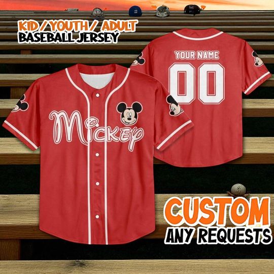 Discover Custom Mickey Baseball Jersey, Red Disney Character Shirt, Personalized Name Number Kid Youth Adult Jersey, Family Disney Trip Outfit