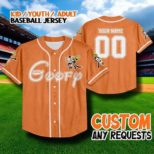 Discover Custom Goofy Baseball Jersey, Orange Cartoon Character Shirt, Personalized Name Number Kid Youth Adult Jersey, Disney Family Gift