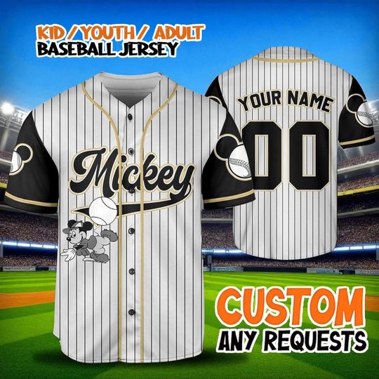 Discover Mickey Baseball Jersey, Custom Disney Jersey Shirt, Kids Youth Adult Baseball Outfit, Striped Mickey Disney Family Jersey