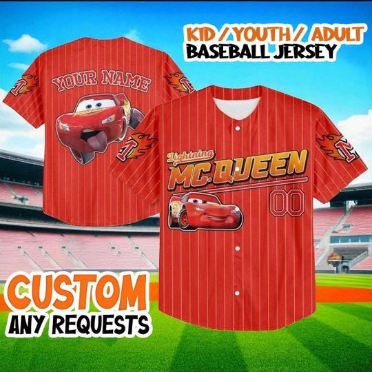 Discover Lightning McQueen Baseball Jersey, Custom Disney Cars Jersey Shirt, Red Yellow Striped Jersey, Kids Youth Adult Birthday Gift