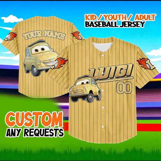 Discover Luigi Cars Baseball Jersey, Custom Yellow Jersey Shirt, Disney Cars Character Outfit, Kids Youth Adult Birthday Team Gift
