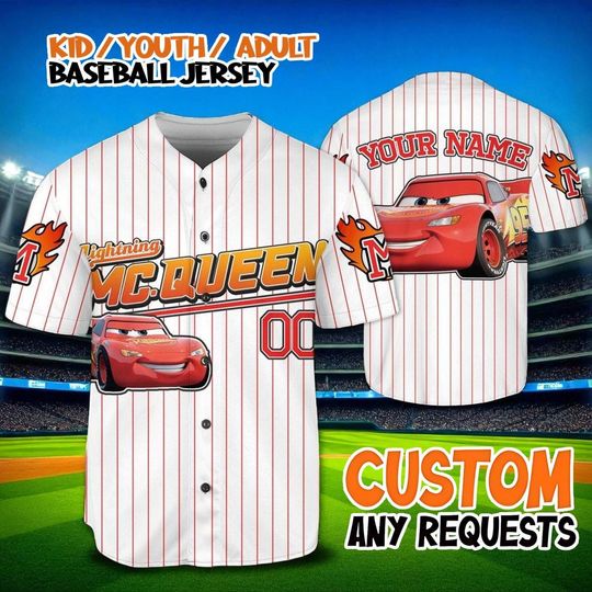 Discover Lightning McQueen Custom Baseball Jersey, Disney Cars Team Shirt, Pixar Rusteze Striped Jersey, Kids Youth Adult Birthday Gift