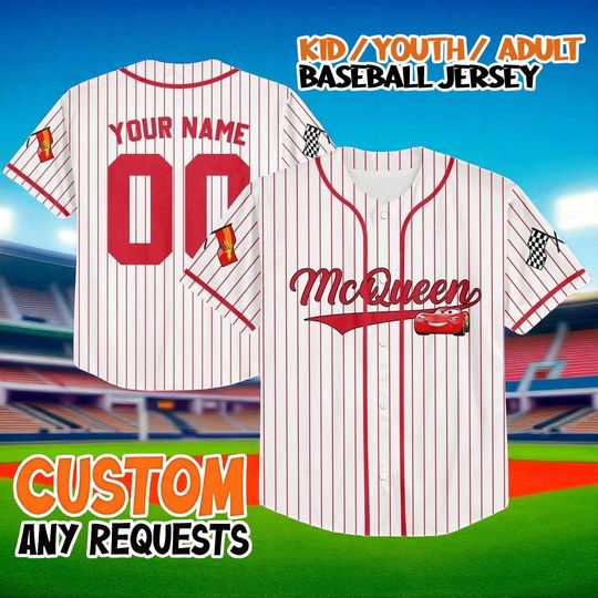 Discover Lightning McQueen Red Stripe Baseball Jersey, Custom Disney Cars Shirt, Pixar Rusteze Team Jersey, Kids Youth Adult Gift