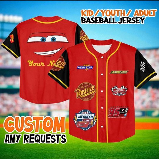 Discover Lightning McQueen Baseball Jersey, Custom Disney Cars Shirt, Pixar Rust-Eze Racing Team Outfit, Kids Youth Adult Birthday Gift Top
