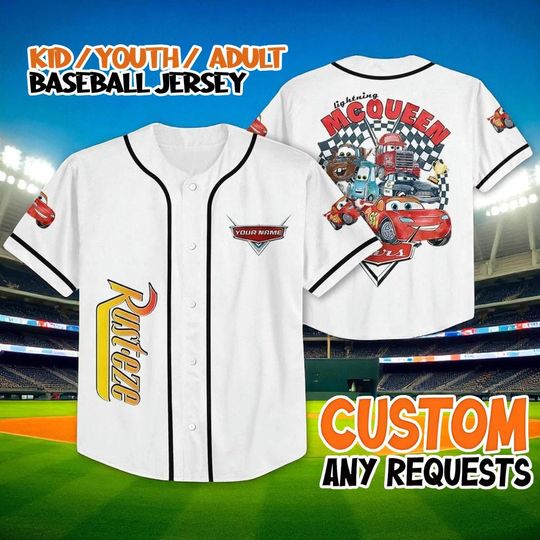 Discover Lightning McQueen White Baseball Jersey, Custom Disney Cars Shirt, Pixar Rusteze Racing Team Jersey, Kids Youth Adult Gift