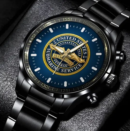 Discover Submarine Service Gold Dolphins Black Stainless Steel Watch