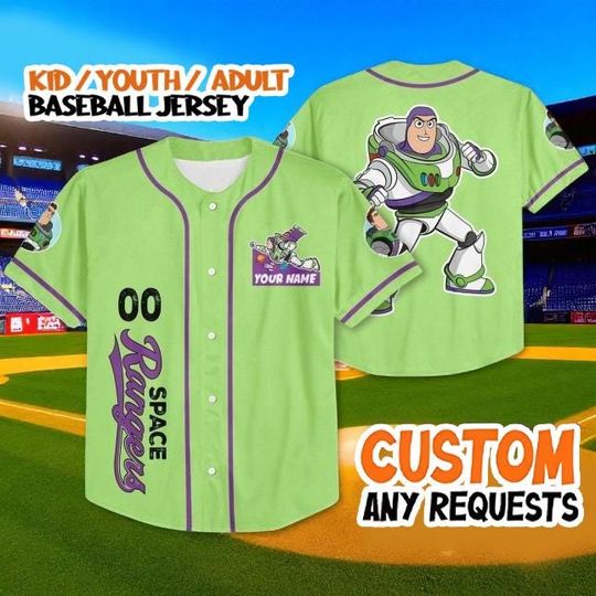 Custom Buzz Lightyear Baseball Jersey, Personalized Space Ranger Shirt, Kid Youth Adult Toy Story Costume, Green Sports Fan Gift Top
