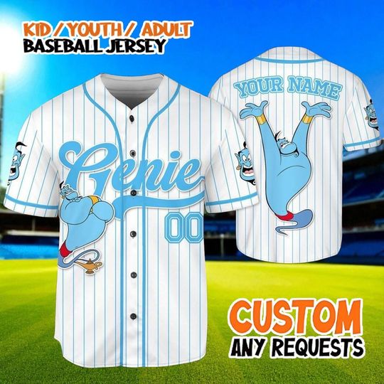Discover Custom Disney Genie Baseball Jersey, Personalized Name Number Shirt, Kid Youth Adult Magic Lamp Costume, Funny Character Gift