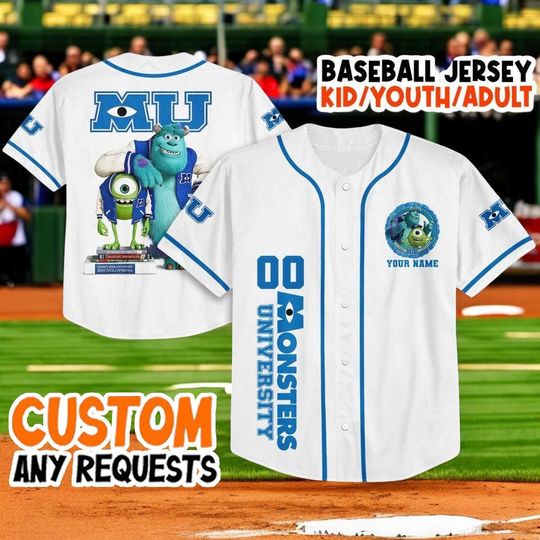 Discover Custom Monsters University Baseball Jersey, Personalized Mike & Sully White Button Down Shirt, Kids  Adult Disney Sports Uniform