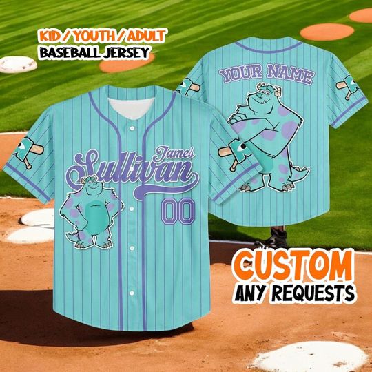 Discover Custom James Sullivan Monsters Inc Baseball Jersey, Cyan Pinstripe Button Shirt, Kids & Adults Personalized Name Number Disney Uniform