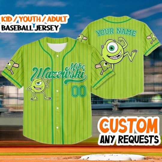 Discover Custom Mike Wazowski Monsters Inc Baseball Jersey, Green Striped Jersey Shirt, Kids & Adults Personalized Name Number, Disney Team Uniform