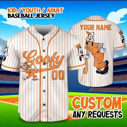 Discover Goofy Baseball Jersey, Custom Disney Jersey Shirt, Kids Youth Adult Disney Trip Outfit, Orange Striped Goofy Baseball Uniform