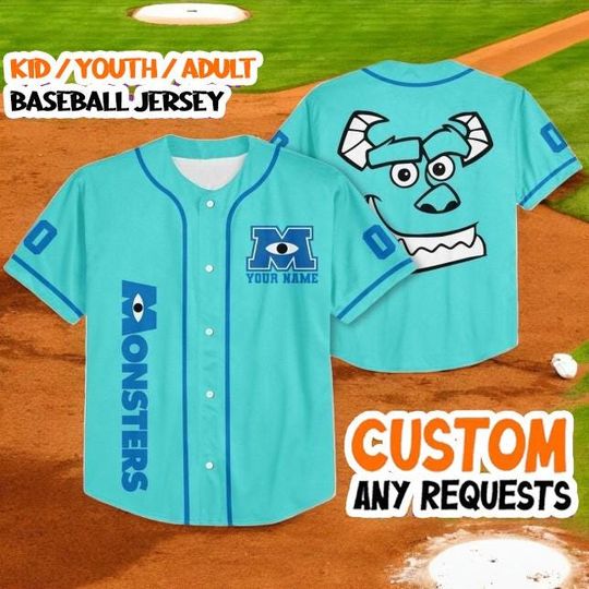 Discover Custom Monsters Inc Sully Face Baseball Jersey, Personalized Kids & Adult Button Down Shirt, Cyan Blue Sports Team Uniform