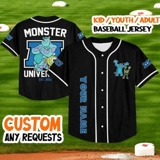 Discover Custom Monsters University Baseball Jersey, Personalized Mike & Sully Black Button Down Shirt, Kids / Adult Disney Sports Uniform