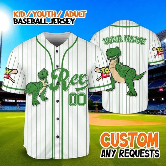Discover Custom Toy Story Rex Baseball Jersey, Personalized Name Number Shirt, Kid Youth Adult Dinosaur Costume, Disney Cosplay Gift