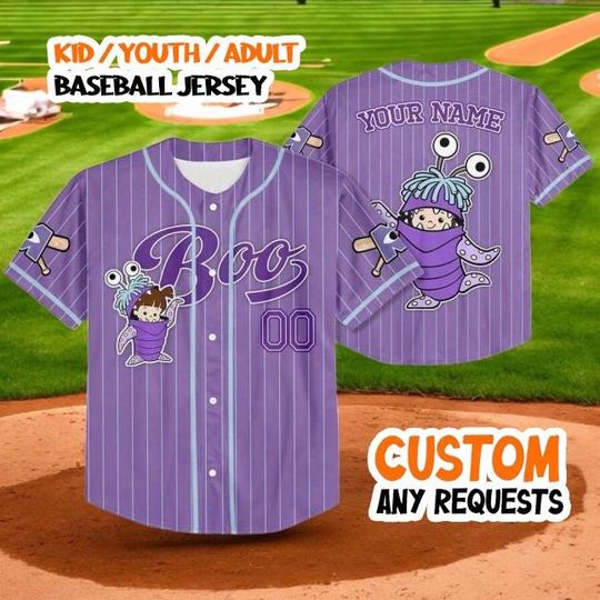 Discover Custom Boo Monsters Inc Baseball Jersey, Purple Striped Jersey Shirt, Kids & Adults Personalized Name Number, Disney Team Uniform
