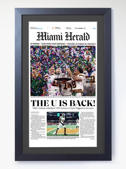 Discover 2026 Miami Football - "The U is Back" - Cotton Bowl Winners 34-14 Vs Ohio Framed Newspaper