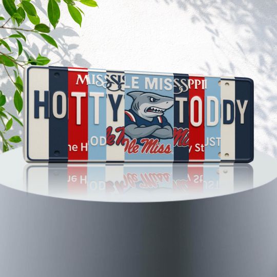 Discover Hotty Toddy License Plate Sign Ole Miss Rebels Metal Wall Art Navy and Cardinal Fan Cave Dorm Game Day Decor