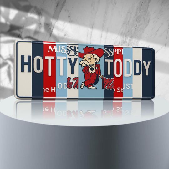 Hotty Toddy License Plate Sign Ole Miss Rebels Metal Wall Art Navy and Cardinal Fan Cave Dorm Game Day Decor