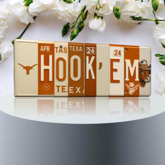Discover Hook Em License Plate Sign Texas Longhorns Metal Wall Art Burnt Orange White Fan Cave Dorm Game Day Decor