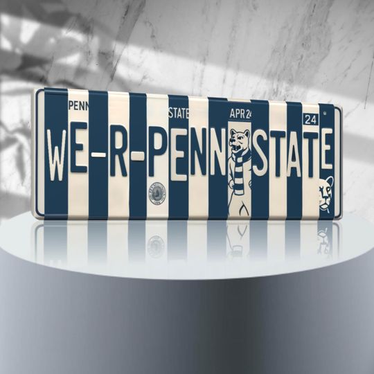 Discover Penn State License Plate Sign Metal Wall Art PSU Nittany Lions Navy & White Dorm Decor