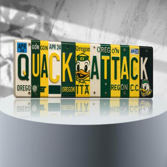 Discover Quack Attack License Plate Sign Oreg ducks Metal Wall Art Green Yellow Fan Cave Dorm Tailgate Decor