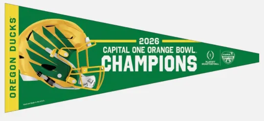 Discover 2025 2026 CFP Orange Bowl Champions Pennant Oreg ducks Peach Bowl Decor