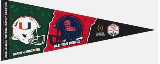 2026 CFP Fiesta Bowl Dueling Pennant  Hurricanes Ole Miss Rebels 1/8/26