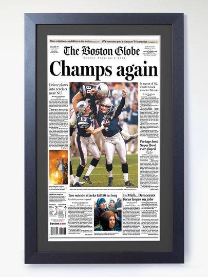 Discover 2004 New England Patriots  Champs Again  Super Bowl Champions vs Panthers Framed Newspaper