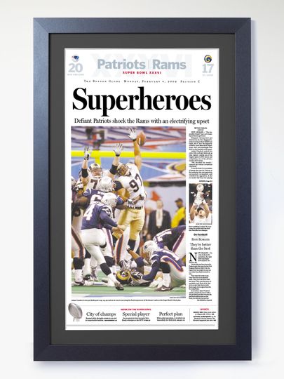 Discover 2002 New England Patriots  Superheroes  Super Bowl Champions vs Rams Framed Newspaper