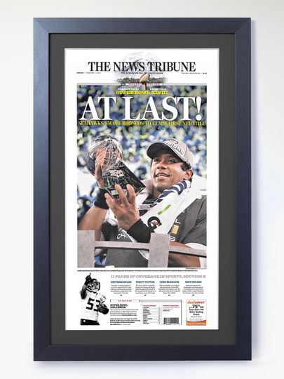 Discover 2014 Seattle Seahawks AT LAST! Super Bowl XLVIII Champions Framed Newspaper Cover