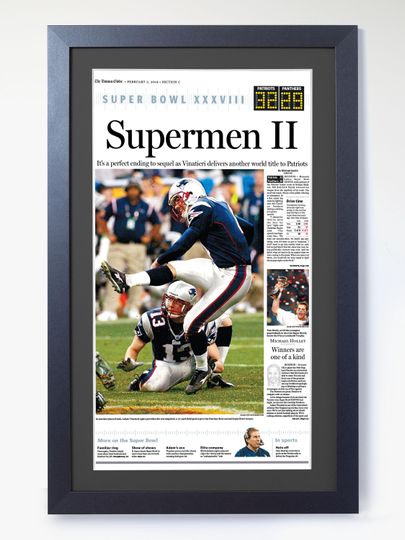 2004 New England Patriots  Supermen II  Super Bowl Champions vs Panthers Unframed Newspaper Style Poster