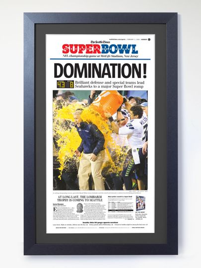 Discover 2014 Seattle Seahawks DOMINATION! Super Bowl XLVIII Defensive Masterpiece Framed Newspaper