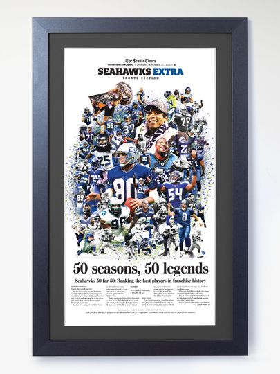 Discover Seattle Seahawks 50 Seasons, 50 Legends 50 Year Anniversary Tribute Framed Newspaper Print