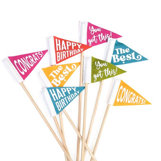 Discover Congrats, Happy Birthday, The Best, You Got This | Tiny Message Pennant on a Stick | 2.5 x 4 inch Mini Flag