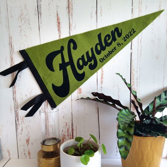 Discover WEDDING Name and Date, Anniversary Gift Pennant | 9x18 inch Flag with Ties
