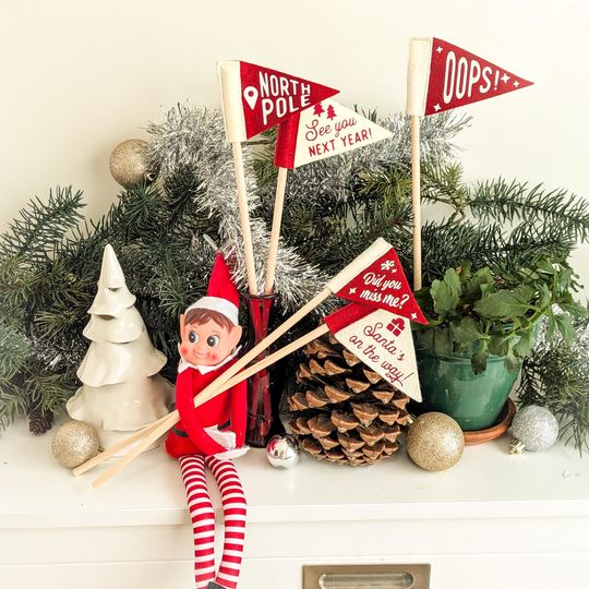Discover Elf Sized Tiny Felt Flags: Set of 5 Pennants for Christmas Shelf Decor
