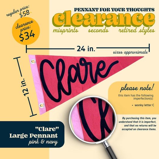 Discover Imperfect Clare Pennant, 12x24 Name Banner, Modern Script Girls Room Decor